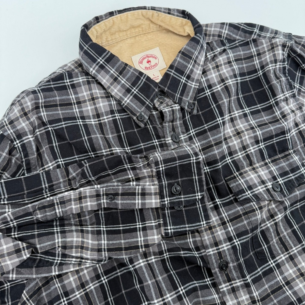 Brooks Brothers Red Fleece Black Gray Plaid Corduroy Trim Button Down Shirt